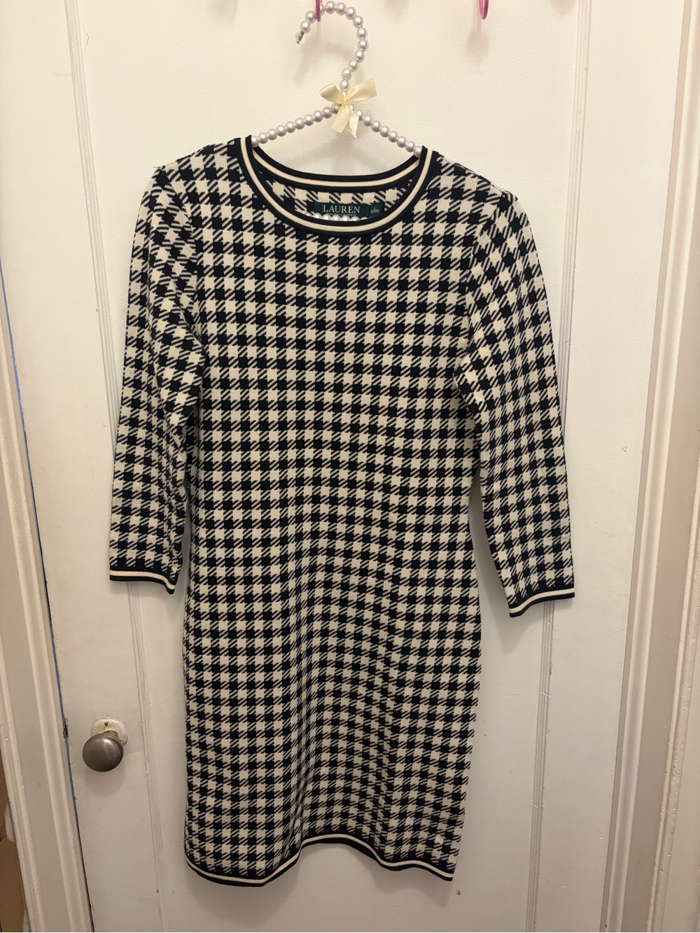 Ralph Lauren Black and White Houndstooth Long Sleeve Knit Dress